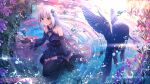  bare_shoulders black_gloves black_thighhighs blue_eyes blue_kimono blue_sleeves card_commentary closed_mouth commentary_request detached_sleeves fish flower flying_fish game_asset gloves goldfish idolmaster idolmaster_million_live! idolmaster_million_live!_theater_days iris_(flower) japanese_clothes kimono long_hair low-tied_long_hair official_alternate_costume official_art purple_flower ripples shiraishi_tsumugi sitting smile thighhighs third-party_source water white_hair 