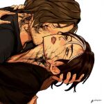  1boy 1girl ada_wong beard_stubble black_hair black_jacket brown_eyes brown_hair closed_eyes commentary dirty dirty_face english_commentary facial_hair grey_hair hair_between_eyes hand_in_another's_hair hetero jacket kiss kissing_neck leon_s._kennedy multicolored_hair parted_lips resident_evil resident_evil_requiem rikky_yn short_hair streaked_hair stubble twintails upper_body veiny_face white_background 