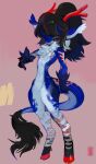 2020 anthro antlers areola arm_tuft biped black_body black_fur black_hair black_sclera blue_body blue_fur chest_tuft digital_drawing_(artwork) digital_media_(artwork) digitigrade dragon featureless_crotch fur hair hi_res hooves horn looking_at_viewer male mighty-whydah mythological_creature mythological_scalie mythology navel neck_tuft nude ponytail red_body red_eyes red_fur scalie simple_background solo standing tail tail_tuft tuft white_body white_fur wrist_tuft