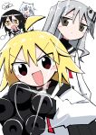  4girls :d agoshi_sakina ahoge animal_ears black_collar black_hair black_skirt blonde_hair blue_eyes braid brown_eyes cat_ears chibi chibi_inset choppy_bangs collar commentary_request contrast_collar expressionless fish_hair_ornament gatling_gun generalcanon grey_hair gun hair_between_eyes hair_ornament highres holding holding_gun holding_weapon light_blush long_hair long_sleeves looking_at_another looking_at_viewer matching_outfits minigun multiple_girls null-meta pointing pointing_at_viewer puff_of_air puffy_sleeves red_eyes red_ribbon ribbon sailor_collar school_uniform shirt sidelocks signature simple_background skirt smile souen_chiaki takada_shiyuki twin_braids uozumi_kurumi v-shaped_eyebrows weapon white_background white_hair white_shirt yellow_eyes 