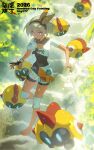  1girl barefoot bea_(pokemon) black_bodysuit black_hairband bodysuit bodysuit_under_clothes bow_hairband breasts dark-skinned_female dark_skin demonqz7 falinks gloves grey_eyes grey_hair hair_between_eyes hairband highres knee_pads open_mouth pokemon pokemon_(creature) pokemon_sword_and_shield print_shirt print_shorts shirt short_hair short_sleeves shorts side_slit side_slit_shorts single_glove small_breasts tied_shirt white_shorts 