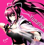  1girl absurdres artist_name breasts camisole character_name commentary_request crop_top dated drawing_sword hair_intakes hair_ribbon highres holding holding_sheath holding_sword holding_weapon katana long_hair looking_at_viewer ponytail purple_hair red_eyes ribbon sheath simple_background smile solo sword under_night_in-birth unsheathing user_zmwp7575 very_long_hair weapon yuzuriha_(under_night_in-birth) 