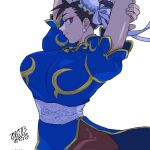  1girl arms_behind_head arms_up black_hair blue_dress blue_eyes bracelet breasts brown_hair brown_pantyhose bun_cover china_dress chinese_clothes chun-li closed_mouth commentary_request corrupted_twitter_file dated double_bun dress earrings eyeliner eyeshadow gold_trim hair_bun highres jewelry large_breasts looking_at_viewer makeup misodiru pantyhose pearl_earrings pelvic_curtain puffy_short_sleeves puffy_sleeves red_eyeshadow sash short_sleeves side_slit simple_background smile solo spiked_bracelet spikes street_fighter stretching white_background 