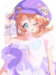  1girl :p ;p ahoge akechi_anna bracelet breasts character_ornament closed_mouth commentary_request double_bun green_eyes hair_bun hand_on_headwear hat hat_ornament highres jewelry looking_at_viewer medium_hair meitantei_precure! nail_polish newsboy_cap official_alternate_costume one_eye_closed orange_hair parted_bangs pink_shirt pochi-tan precure purple_hat purple_nails purple_skirt serizawa_serizane shirt short_sleeves simple_background skirt small_breasts solo t-shirt tongue tongue_out watermark white_background yume_kawaii 