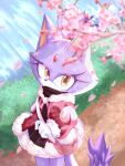  1girl bag blaze_the_cat cat_girl cat_tail cherry_blossoms commentary dress english_commentary eyelashes forehead_jewel furry furry_female handbag highres looking_up pink_bag pink_dress purple_fur r4tzismyth ribbon solo sonic_(series) spring_(season) tail yellow_eyes 