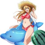  1girl :d aqua_eyes ball beachball bikini blush breasts brown_hat cleavage drawstring fang floral_print game_asset hands_up hat ikkitousen ikkitousen_extra_burst inflatable_dolphin inflatable_toy jacket large_breasts long_hair looking_at_viewer navel non-web_source official_art open_clothes open_jacket open_mouth orange_hair print_bikini red_bikini self-datamine side-tie_bikini_bottom simple_background sitting sleeves_rolled_up smile solo sonsaku_hakufu_(ikkitousen) straddling straw_hat swimsuit transparent_background variant_set watermelon_beachball wet white_jacket wide_brim 