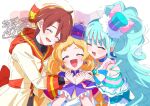  1boy 2girls beret blonde_hair blue_choker blue_hair blue_hat bow bow_choker bow_earrings braid capelet choker closed_eyes coat cure_friendy cure_lillian deerstalker dress earrings frilled_hat frilled_wrist_cuffs frills group_hug hat hat_bow hat_ribbon hood hood_down hooded_coat hug inukai_iroha jewelry long_hair magical_boy magical_girl mini_hat mini_top_hat multiple_girls nekoyashiki_mayu open_mouth pink_bow precure purple_capelet purple_dress purple_hat purple_ribbon purple_wrist_cuffs red_hair ribbon serizawa_serizane short_hair smile tilted_headwear top_hat toyama_satoru toyama_satoru_(magical_boy) twin_braids white_coat white_hat wonderful_precure! wrist_cuffs 
