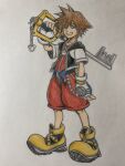  belt black_jacket blue_eyes brown_hair capri_pants chain clenched_teeth collarbone colored_pencil_(medium) derivative_work fingerless_gloves gloves hair_between_eyes highres holding holding_sword holding_weapon jacket jewelry keyblade kingdom_hearts looking_at_viewer multicolored_jacket necklace official_art_redraw over_shoulder pants photo_(medium) red_pants shoes short_hair short_sleeves sidelocks smile sora_(kingdom_hearts) sword sword_over_shoulder teeth traditional_media two-tone_jacket tybradyy weapon weapon_over_shoulder white_gloves white_jacket yellow_shoes zipper 