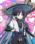  1boy arm_at_side armor belt black_belt black_bodysuit black_bow black_bridal_gauntlets black_hair black_shorts blue_cape blue_gem blue_hat blue_jingasa blue_kimono blue_sleeves blunt_ends bodysuit bow bridal_gauntlets bright_pupils cape choppy_bangs clenched_hand commentary covered_collarbone cowboy_shot drop_shadow eyeliner feathers furisode gem genshin_impact gold gold_ring gold_trim grey_trim hair_intakes hand_up hat heart heart_background japanese_armor japanese_clothes jingasa juban kimono kote kurokote layered_sleeves looking_to_the_side makeup male_focus mandala mandarin_collar middle_ring open_clothes open_hand open_kimono open_mouth pom_pom_(clothes) purple_eyes purple_rope purple_sash red_eyeliner rira_archive rope sash scaramouche_(genshin_impact) short_sleeves shorts side_cape solo speech_bubble sweatdrop tassel tsurime untranslatable_commentary vision_(genshin_impact) wanderer_(genshin_impact) white_kimono white_pupils white_sleeves yellow_feathers 