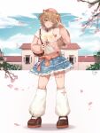  :o ;o absurdres acorn alternate_costume animal_ears ayunda_risu bag brown_choker brown_hair cherry_blossoms choker cloud cloudy_sky commentary fur_choker green_eyes hand_up hat highres hololive hololive_indonesia local_catto mary_janes midriff one_eye_closed pink_hat shoes shoulder_bag skirt sky socks squirrel_ears squirrel_girl squirrel_tail standing tail v virtual_youtuber white_socks 