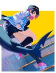 1girl absurdres alternate_costume black_hair black_socks blue_jacket candy colored_inner_hair commentary ellen_joe fins fish_tail food food_in_mouth from_behind headphones headphones_around_neck highres jacket keya_(user_pnkz5883) leg_up lollipop lollipop_in_mouth looking_at_viewer multicolored_hair on_stairs pink_nails red_eyes red_hair shark_girl shark_tail shoes short_hair skirt socks solo standing standing_on_one_leg tail two-tone_hair untranslatable_commentary yellow_background zenless_zone_zero 