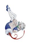  1girl apron blue_dress blue_eyes blue_shoes braid commentary cup dress dress_tug drinking_glass highres holding holding_tray izayoi_sakuya kibun_ya_3 maid maid_apron maid_headdress medium_hair pantyhose parted_lips shirt shoes short_sleeves side_braids smile solo thigh_strap touhou tray twin_braids white_background white_hair white_pantyhose white_shirt wine_glass 