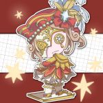  1boy abstract_background blue_gem bow button_eyes buttons chibi chibi_only clothing_request commentary_request deformed dress expressionless footwear_bow frilled_dress frilled_pants frills from_behind full_body gem glint gloves gold_dress gold_shoes gold_trim grid_background hat highres identity_v kinoshita_aki looking_at_viewer looking_back male_focus mask masquerade_mask norton_campbell norton_campbell_(ronald_of_nice) official_alternate_costume official_alternate_hairstyle outline pants pearl red_dress red_hat red_theme shoes solo star_(symbol) stuffed_toy white_gloves white_mask white_outline 