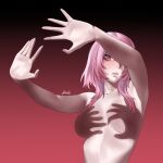  1girl absurdres arms_up blush breasts collarbone commentary completely_nude english_commentary eyelashes hand_shadow_covering_breasts_(meme) heart highres hololive hololive_english long_hair makeup meme mori_calliope mori_calliope_(stygian_zinogre) morineko nude photo-referenced pink_eyes pink_hair pink_lips runny_makeup shadow_puppet signature solo virtual_youtuber 