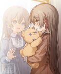  2girls blue_eyes blue_ribbon brown_hair child collared_dress commentary_request different_reflection dress eyes_visible_through_hair hair_between_eyes hair_ribbon highres holding holding_stuffed_toy kaisake_(utp) long_hair long_sleeves looking_at_mirror mirror multiple_girls neck_ribbon open_mouth orange_dress orange_eyes original red_ribbon reflection ribbon rounded_collar seiran_(sake_(utopia_modoki)) shuan_(sake_(utopia_modoki)) siblings sisters smile stuffed_animal stuffed_toy tareme teddy_bear twins watermark 