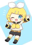  1girl :d ;d arm_up black_shorts blonde_hair blue_background blush_stickers bow_hairband chibi chibi_only commentary_request fang full_body hair_ornament hairband hairclip highres kagamine_rin looking_at_viewer neckerchief nukotun one_eye_closed open_mouth outline parallel_hairclips short_hair shorts simple_background smile solo standing vocaloid white_hairband white_outline yellow_neckerchief 