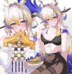  1girl absurdres alternate_breast_size_(larger) arknights black_bra black_garter_belt black_panties black_pantyhose blonde_hair bra breasts commentary_request dragon_girl dragon_horns dragon_tail eastern_dragon_horns eastern_dragon_tail garter_belt green_eyes grey_hair highres horns long_hair looking_at_viewer medium_breasts miya-chan_(lightning0730) multicolored_hair overalls panties pantyhose pointy_ears purple_hair shu_(arknights) smile tail underwear very_long_hair white_overalls yellow_hands 