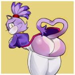 absurd_res anthro bent_over big_butt black_nose blaze_the_cat blush bodysuit border butt clothing crossed_arms dipstick_tail domestic_cat dumbarts eyelashes felid feline felis female forehead_gem fur gem hi_res looking_at_viewer looking_back looking_back_at_viewer mammal markings one_eye_closed purple_body purple_clothing purple_fur purple_topwear rear_view sega simple_background skinsuit solo sonic_the_hedgehog_(series) tail tail_markings tight_clothing topwear white_body white_bodysuit white_border white_clothing white_fur white_skinsuit yellow_background