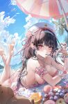  1girl anklet barefoot beach_umbrella beret bikini bikini_skirt black_hair blue_sky breasts chisa_(peach_parfait)_(wuthering_waves) chisa_(wuthering_waves) chromatic_aberration commentary day earrings feet flower_earrings food food_in_mouth hair_ribbon hairband hat highres jewelry large_breasts long_hair looking_at_viewer lying mungduck namipon_(wuthering_waves) on_stomach outdoors pink_eyes pink_ribbon pink_skirt plaid_bikini plaid_clothes pocky pocky_in_mouth ribbon sideboob skirt sky soles swimsuit the_pose toes umbrella white_hairband white_hat wuthering_waves 