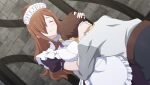  1boy 1girl ahoge anime_coloring apron belt between_breasts black_pants blush bow bowtie breast_smother breasts brooch brown_belt brown_hair closed_eyes closed_mouth dutch_angle enmaided face_between_breasts face_to_breasts frilled_apron frills game_asset gem grey_shirt hair_over_one_eye hands_on_another's_head head_between_breasts high_collar highres jewelry kono_subarashii_sekai_ni_shukufuku_wo! kono_subarashii_sekai_ni_shukufuku_wo!_kono_yokubukai_game_ni_shinpan_o! large_breasts long_hair long_sleeves maid maid_apron maid_headdress official_art pants puffy_short_sleeves puffy_sleeves purple_bow purple_bowtie purple_shirt purple_skirt ribbon-trimmed_sleeves ribbon_trim satou_kazuma shirt short_hair short_sleeves skirt smile standing stone_wall tunic upper_body variant_set wavy_hair white_apron white_tunic wiz_(konosuba) yellow_gem 