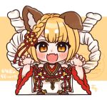  1girl :d animal_ears bare_shoulders blonde_hair blush braid chibi claw_pose commentary_request detached_sleeves dog_ears dog_girl erune fangs granblue_fantasy hands_up japanese_clothes long_sleeves looking_at_viewer open_mouth rope shimenawa sleeveless smile solo suamachi twitter_username two-tone_background upper_body v-shaped_eyebrows vajra_(granblue_fantasy) white_background white_sleeves wide_sleeves yellow_eyes 