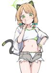  1girl alternate_costume animal_ear_headphones animal_ears blonde_hair blue_archive blue_bow blush bow breasts cat_ear_headphones cat_ears cat_tail closed_mouth commentary_request fake_animal_ears fur-trimmed_shorts fur_trim green_eyes green_halo grey_shorts hair_bow halo hand_on_own_hip headphones highres index_finger_raised kaito_(kaito921125) looking_at_viewer midori_(blue_archive) midriff navel shirt shorts simple_background small_breasts smile solo standing tail thighs white_background white_shirt 