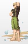  1boy arm_behind_head armpits bara barefoot blonde_hair blue_eyes bubble commentary_request compression_shirt covered_abs covered_nipples eyepatch facial_hair flexing full_body goatee green_pants grin hand_on_own_hip highres kqq muscular muscular_male pants pants_rolled_up ramon_(kof) shirt short_hair short_sleeves sideburns simple_background skin_tight smile solo standing the_king_of_fighters track_pants wristband 