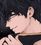  after_exercise basketball_jersey black_background black_eyes black_hair black_tank_top choi_jongsu close-up from_side garbage_time lower_eyelashes_only male_focus manly messy_hair orange_trim portrait profile pulling_own_clothes short_hair smirk sweat tank_top ununtied very_sweaty 