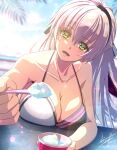  1girl ao_no_kiseki artist_name black_hairband breasts cleavage commentary_request dessert eiyuu_densetsu elie_macdowell feeding food green_eyes hair_between_eyes hairband hajimari_no_kiseki highres ice_cream long_hair looking_at_viewer open_mouth simple_background solo swimsuit tinybiard white_hair zero_no_kiseki 