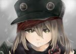  1girl absurdres black_scarf brown_hair closed_mouth commentary erojiji3 facing_viewer g11_(girls'_frontline) girls'_frontline green_eyes green_hat green_jacket hair_between_eyes hat highres jacket long_hair looking_at_viewer portrait scarf snow solo 