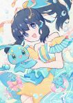  1girl :d akari_(pokemon) akari_(summer_2026)_(pokemon) bare_shoulders black_hair blush_stickers bubble commentary_request eyelashes grey_eyes hair_ornament hair_ribbon happy haru_(haruxxe) highres holding_hands innertube long_hair manaphy multiple_views official_alternate_color official_alternate_costume open_mouth pokemon pokemon_(creature) pokemon_masters_ex ponytail ribbon sidelocks skirt smile strapless swim_ring watermark yellow_ribbon yellow_skirt 