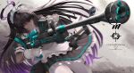  1girl ahoge aiming amekudaki anti-materiel_rifle apron black_dress black_gloves blue_archive blue_bow blue_bowtie bow bowtie boys_anti_tank_rifle brown_hair commentary cowboy_shot dark-skinned_female dark_skin dress embers frilled_apron frills glint gloves gradient_hair grey_background gun halo highres holding holding_gun holding_weapon karin_(blue_archive) long_hair maid maid_apron maid_headdress multicolored_hair pantyhose purple_hair purple_halo rifle short_sleeves sniper_rifle solo two-tone_hair very_long_hair weapon white_pantyhose yellow_eyes 