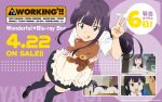  1girl :q anime_coloring anime_screenshot_inset apron black_shoes black_skirt blunt_bangs blush commentary_request company_name copyright_logo copyright_name copyright_notice daisy_(working!!) dated dot_nose dutch_angle foot_out_of_frame from_above hand_up holding holding_stuffed_toy loafers logo long_hair looking_at_viewer looking_up miniskirt official_art purple_background purple_eyes purple_hair screenshot_inset shirt shoes short_sleeves skirt smile stuffed_animal stuffed_toy teddy_bear thighhighs tongue tongue_out tsurime v wagnaria_uniform waitress white_shirt working!! yamada_aoi yellow_apron 