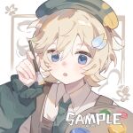  1girl :o blonde_hair blue_eyes blush brown_vest collared_shirt commission double-parted_bangs green_hat green_necktie hair_between_eyes hat highres holding holding_paintbrush huolala_neiku_chaofan long_sleeves looking_at_viewer mihuashi_commission necktie open_mouth original paint_palette paintbrush portrait sample_watermark shirt short_hair solo vest watermark white_shirt 