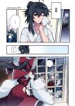  ! ... 2girls absurdres alternate_costume apron black_eyes black_gloves black_hair blue_dress blue_eyes bow braid clothing_cutout commentary_request detached_sleeves dress flower frilled_bow frilled_hair_tubes frilled_skirt frills gloves green_bow hair_bow hair_tubes hakurei_reimu highres himadera hip_vent izayoi_sakuya japanese_clothes kimono long_hair maid maid_headdress multiple_girls one_eye_closed red_bow red_flower red_rose red_skirt ribbon-trimmed_sleeves ribbon_trim rose skirt skirt_set speech_bubble spoken_ellipsis spoken_exclamation_mark touhou translation_request twin_braids twitter_username waist_apron waving white_apron white_kimono window yuri 