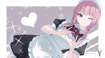  1girl alternate_costume apron black_dress blue_eyes blunt_bangs bow bowtie commentary_request dress enmaided four-finger_heart_hands frilled_apron frilled_dress frills heart heart_hands kaf_(kamitsubaki_studio) kamitsubaki_studio light_smile looking_at_viewer low_twintails maid maid_apron maid_day maid_headdress multicolored_eyes one_eye_closed pink_bow pink_bowtie puffy_short_sleeves puffy_sleeves short_hair short_sleeves solo takasaka_light twintails waist_apron white_apron white_trim wing_collar yellow_pupils 
