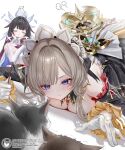 2girls black_dress black_hair black_sleeves blue_eyes blush bonnet breast_press brown_hair cat cat_teaser columbina_(genshin_impact) commentary_request detached_sleeves dress genshin_impact gloves grey_cat head_wings highres holding holding_cat_teaser long_hair long_sidelocks lying multiple_girls on_stomach pottsness sandrone_(genshin_impact) sidelocks squatting top-down_bottom-up white_gloves wings 