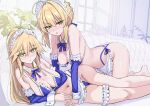  2girls all_fours apron artoria_pendragon_(fate) artoria_pendragon_(lancer)_(fate) bare_shoulders bikini blonde_hair blue_bikini blush braid braided_bun breasts commentary_request detached_collar detached_sleeves fate/grand_order fate_(series) frilled_bikini frills green_eyes hair_bun highres indoors large_breasts looking_at_viewer lying maid maid_bikini maid_headdress medium_breasts multiple_girls navel notonaon on_side saber_(fate) swimsuit thick_thighs thighs unconventional_maid waist_apron wrist_cuffs 