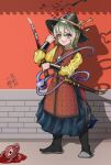  1girl armor black_boots black_helmet blood blood_on_weapon bloodshot_eyes boots chileshi chinese_commentary clothing_request commentary_request disembodied_linked_eye eyeball full_body green_skirt grin helmet highres holding holding_sword holding_weapon komeiji_koishi komeiji_satori looking_at_viewer medium_hair outdoors red_armor shadow sheath shirt skirt smile soldier sword touhou translation_request unsheathed weapon yellow_shirt 
