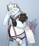  1boy animal_ears belly blush bulge cat_boy cat_ears cat_tail chikuzen_(tamacolle) english_commentary facing_viewer fang fang_out fat fat_man furry furry_male highres holding holding_staff male_focus smile smiteyyordle staff tail tamacolle tongue tongue_out 