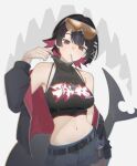  1girl bare_shoulders black_hair black_jacket black_shirt breasts candy collarbone colored_inner_hair commentary crop_top denim denim_shorts ellen_joe english_commentary fins fish_tail food food_in_mouth highres jacket lollipop lollipop_in_mouth medium_breasts midriff multicolored_hair navel orange-tinted_eyewear red_eyes red_hair shark_girl shark_tail shirt short_hair shorts sleeveless sleeveless_shirt solo stomach tail tinted_eyewear walnutsoup zenless_zone_zero 