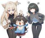  3girls absurdres aged_down arknights arknights:_endfield baby baby_bottle bare_shoulders black_eyes black_hair black_jacket black_pants black_sweater blonde_hair blue_eyes blurry blush bottle bright_pupils chen_qianyu_(arknights) closed_mouth commentary denq endministrator_(arknights) english_commentary female_endministrator_(arknights) fingernails flying_sweatdrops fork highres holding holding_fork hood hood_down hooded_jacket jacket leaning_forward long_hair long_sleeves looking_at_another motion_blur motion_lines multiple_girls off_shoulder on_stool open_mouth pacifier pants perlica_(arknights) short_hair simple_background sitting speed_lines stool sweater tail thigh_gap tight_clothes tight_pants turtleneck turtleneck_sweater white_background white_jacket white_pupils yellow_eyes 