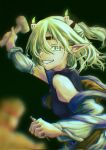  1girl arm_warmers black_background black_shirt blonde_hair breasts brown_shirt candle commentary_request corrupted_twitter_file fire green_eyes green_fire grin hair_between_eyes half_updo hashihime highres holding holding_mallet holding_nail looking_at_viewer mallet medium_breasts mizuhashi_parsee nail_(hardware) nanahosi73 parsee_day pointy_ears shirt short_hair simple_background sleeveless sleeveless_shirt smile solo straw_doll touhou upper_body ushi_no_koku_mairi 