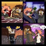 absurd_res alcohol anthro avian beverage bird breasts canid canine comic drunk duo embarrassed exhibitionism facial_hair female flat_chested food fox goatee hi_res kero_tamago leroy_(minusdanna) male male/female mammal minusdanna movie_theater penguin pizza slightly_chubby slim small_breasts spanish_text substance_intoxication tamago_(kero_tamago) text