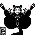 1:1 anthro anus areola big_breasts big_butt biped black_body breasts butt clitoris domestic_cat double_v_sign english_text esrb esrb_rating eyelashes felid feline feline_tail felis female fleischer_style_toon front_view genitals gesture hand_gesture hi_res legs_up long_eyelashes looking_at_viewer lying mammal monochrome nipples on_back ortensia padhasnx pawpads signature simple_background smile smiling_at_viewer solo text tongue tongue_out toony v_sign vulva white_background x_anus