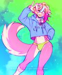 alaskan_malamute anthro blush canid canine canis clothed clothing collar crop_top crossdressing domestic_dog ear_piercing ear_ring femboy front_view fur green_clothing green_panties green_underwear hoodie male mammal midriff mothux nakota nordic_sled_dog one_eye_closed panties piercing pink_body pink_fur ring_piercing shirt small_bulge solo spitz standing topwear underwear wink