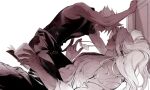  2boys alina99liang bed belt book boy_on_top cloud_strife commentary english_commentary final_fantasy final_fantasy_vii glasses highres holding holding_book holding_removed_eyewear large_pectorals long_hair long_sleeves looking_at_another lying male_focus medium_hair monochrome multiple_boys muscular muscular_male nose on_back open_clothes open_shirt pants parted_bangs pectorals pillow sephiroth sleeveless sleeveless_jacket spiked_hair unworn_eyewear very_long_hair yaoi 