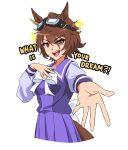  1girl agnes_flight_(racehorse) animal_ears bow bowtie breasts brown_hair commentary english_commentary english_text genderswap genderswap_(mtf) goggles goggles_on_head hair_between_eyes hand_on_own_chest highres horse_ears horse_girl horse_tail knew_nothing long_sleeves official_style open_mouth original outstretched_arm personification pleated_skirt purple_sailor_collar purple_serafuku purple_shirt purple_skirt sailor_collar sailor_shirt school_uniform serafuku shirt short_hair simple_background skirt smile solo tail teeth tracen_school_uniform umamusume upper_teeth_only white_background white_bow white_bowtie winter_uniform 
