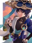  1boy arm_at_side armor barann_777 black_bodysuit black_bow black_bridal_gauntlets black_hair black_shorts blue_hat blue_jingasa blue_kimono blue_sleeves blunt_ends blurry blurry_background bodysuit border bow bridal_gauntlets bright_pupils closed_mouth commentary_request covered_collarbone eyeliner fingernails furisode genshin_impact gold gold_ring hand_on_own_hip hand_up hat highres japanese_armor japanese_clothes jingasa juban kimono kote kurokote layered_sleeves looking_at_object makeup male_focus middle_ring open_clothes open_kimono out_of_frame outdoors outside_border parted_bangs purple_eyes purple_rope purple_sash red_eyeliner rope sash scaramouche_(genshin_impact) short_sleeves shorts shoulder_peek solo tassel tsurime turtleneck turtleneck_bodysuit twitter_username upper_body wanderer_(genshin_impact) white_border white_kimono white_pupils white_sleeves 