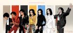  1boy afro arms_up bad_(song) black_hair commentary dark-skinned_male dark_skin dated don't_stop_'til_you_get_enough evolution guaguapiu halo highres jacket leather leather_jacket long_hair michael_jackson pants real_life red_jacket red_pants remember_the_time scream_(song) short_hair thriller_(michael_jackson) white_jacket 